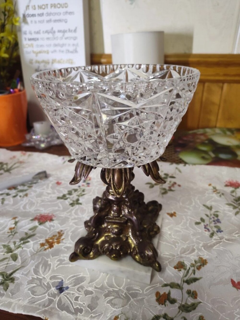 Vintage Hollywood Regency Cut Crystal Glass Bowl Marble Pedestal Made In Italy